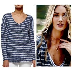 Paige Navy Blue White Martine Stripe Drop Shoulder Long Sleeve VNeck Sweater XS